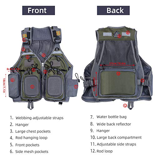 PELLOR Angel Westen, Atmungsaktive Weste mit Mehreren Taschen Angeljacke Jagdfischen Outdoor Camping Fotografie (einstellbare Größe) (Armee-grün)