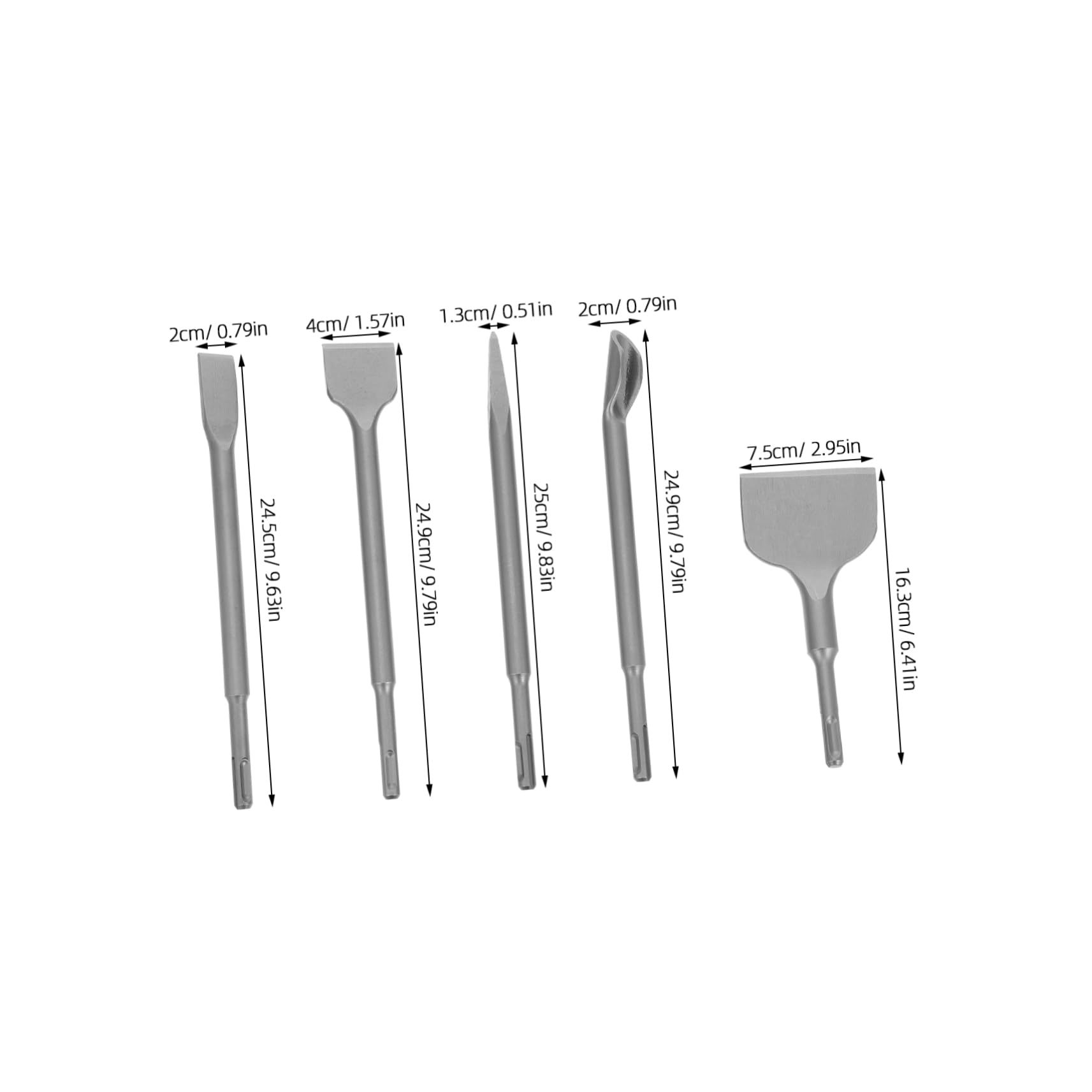 Set di 5 Scalpelli da Muratura in Acciaio Cromato per Cemento e Pietra | Punta Piatta, Sagoma a U, Punta Affilata e Larghezza Extra, per Ristrutturazione Domestica e Cantieri