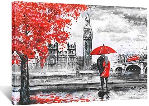 Kreative Arts - Red Umbrella Couple Painting Canvas Art Wall Decor Print Romantic London Street Landscape Paintings Canvas Ready to Hang 24x32inch
