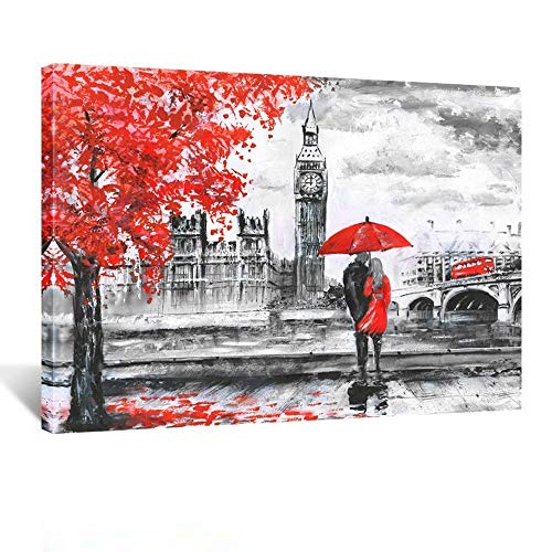Kreative Arts - Red Umbrella Couple Painting Canvas Art Wall Decor Print Romantic London Street Landscape Paintings Canvas Ready To Hang 24X32Inch #TOP11