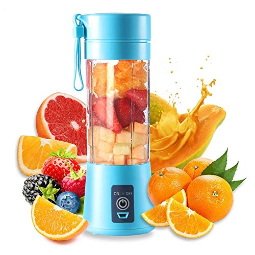 HANBO 380ml Electric Portable Juicer Blender Cup, Household Fruit Mixer with Six Blades in 3D, USB Rechargeable Juice Blender Magnetic Secure Switch Electric Fruit Mixer (Blue)