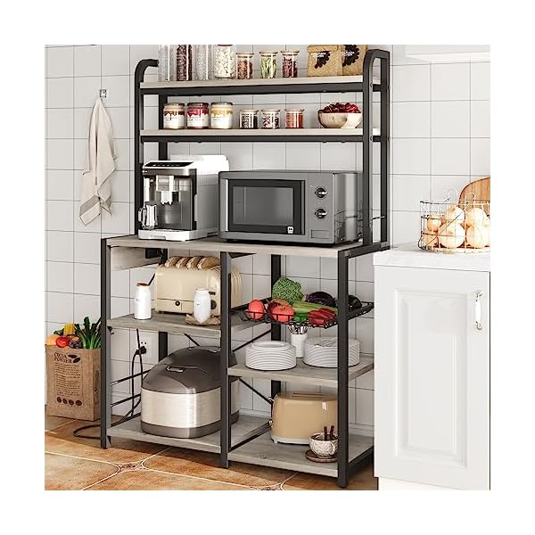 Amyove Bakers Rack with Power Outlet, Coffee Bar with Wire Drawer, Microwave Stand, Kitchen Buffet Table with Large Storage, 6-Tier Kitchen Storage Rack with Hutch for Dining, Living Room, Rustic Grey