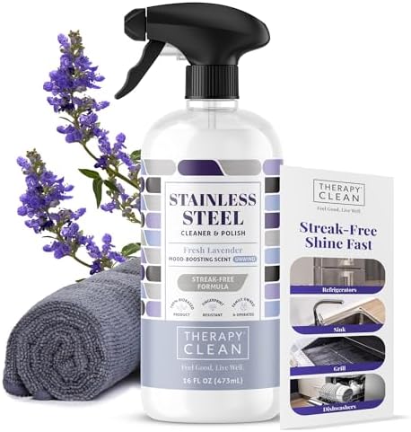Therapy Stainless Steel Cleaner and Polish 100% USDA BioBased, Fingerprint and Residue Remover, Lavender Essential Oil Scent, Sink Cleaner, Grill Cleaner Spray