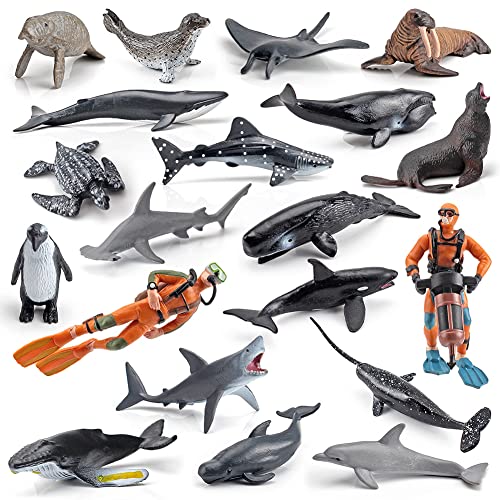 BYNYXI 20 PCS Jouets danimaux Marins, Figurines danimaux Marins Ocean Diver Model Set Réaliste Baleine Requin Pingouin Figure Plastique Dauphin Tortue de Mer Jouets pour Garçons Filles Cadeau de Noël Cover