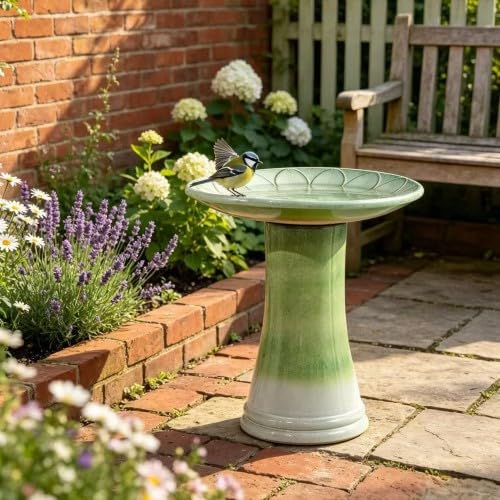 Handgefertigtes Keramik-Vogelbad mit Blütenrelief-Schale, Ø43 cm/Höhe 45 cm, verlaufendes hellgrünes Hochglanzfinish, Frost- und wetterfest für Garten sowie Terrasse