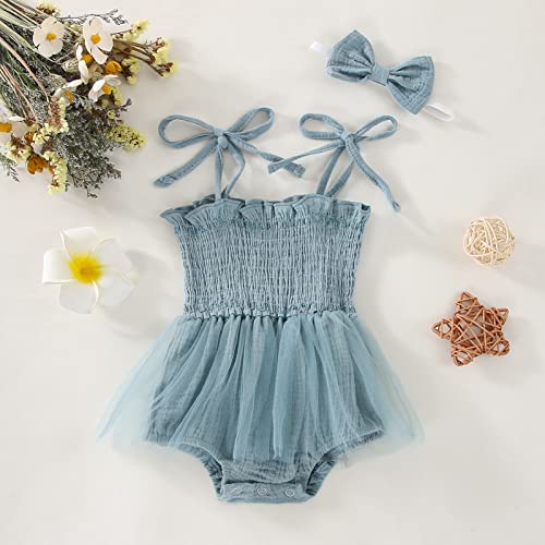 Meihuida Newborn Baby Girl Sleeveless Romper with Headband Summer Clothes Bodysuit Tulle Tutu Skirt Blue 18-24 Months