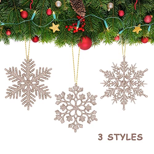 Fovths 48 Pieces Christmas Glitter Snowflake Ornaments Plastic Christmas Tree Ornaments Decorative Hanging Snowflakes 3 Design For Christmas Party Decorations, 4 Sizes (2/3/4/5 Inches), Champagne Gold #TOP1