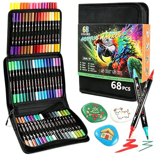 Acrylic Paint Pens 68 Colors Dual Tip Acrylic Paint Markers for Rock Painting Glass Ceramic Stone Wood Egg Canvas - Fine & Brush Tip DIY Crafts