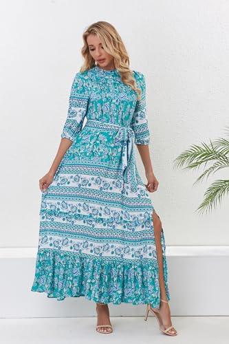 Image of Women Boho High-Waist Floral Print Maxi Dress 3 /4 Sleeve Casual | Soft Rayon, Breathable, Quick-Dry. High-Waist with Adjustable Belt, Flattering Hem. Ideal for Beach, Work & Dating.