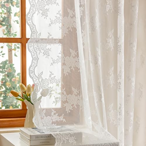 MEETSKY White Lace Curtains 84 Inches Long Victorian Floral Pattern White Sheer Curtains for Living Room Bedroom Vintage Light Filtering Lace Drapes 2 Panels Each Panel 50W x 84L