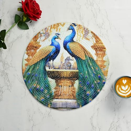 Image of LaVichitra Cotton Table Placemat | Dining Table Mat | Bed Side Table Mat | Cotton Round Shape Placemats | Washable PlaceMat for Shelves & Plant Pots - Pack of 1, Duet Peacocks