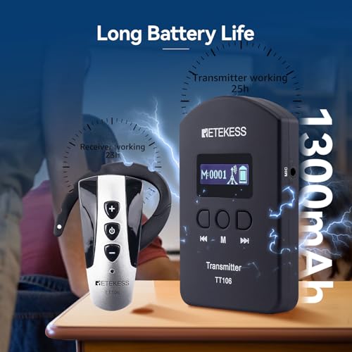 Auricular para guía turística Retekess TT106, sistema de audio inalámbrico (2 transmisores y 30 receptores), para fábricas, tours y escuelas, operación dual de transmisores, gancho auricular inalámbrico, estuche de carga de 32 ranuras, receptor de 18 g miniatura 3