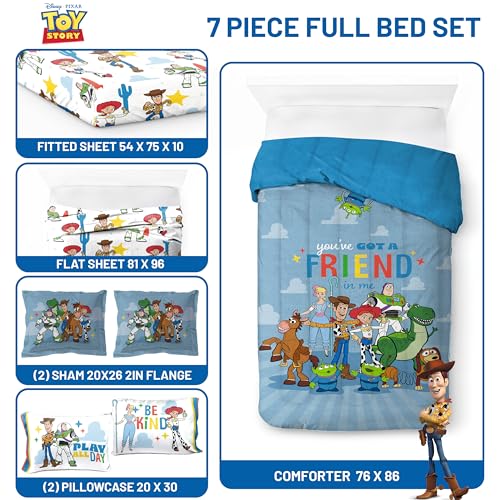 Image of Jay Franco Kids Comforter Set Includes Sheets and Pillow Cover - Soft and Cozy Bed Set for Stylish Room Decor, Blue - Toy Story, 7 Piece Full