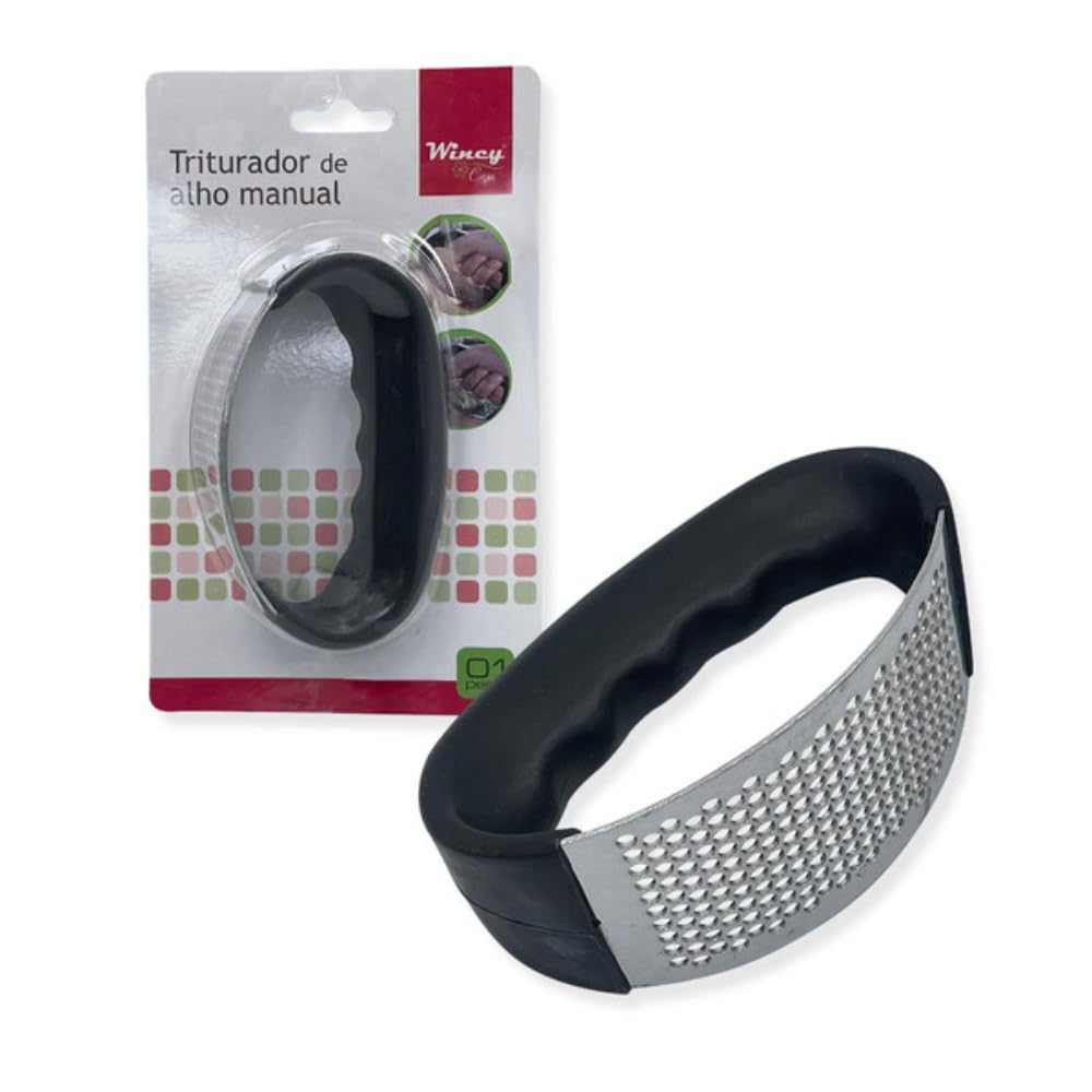 Amassador de Alho Circular, 10cm, Aço Inoxidável com Cabo Ergonômico Preto