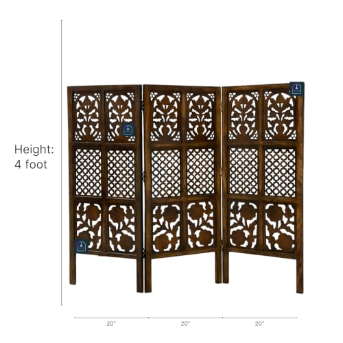 Image of Wooden Room Partition Screen with Burnt Wood Finish | Hand Buffed Traditional Handicraft Room Divider | 6 Ft Height Indoor Room Separator (3 Panel 4 Feet)