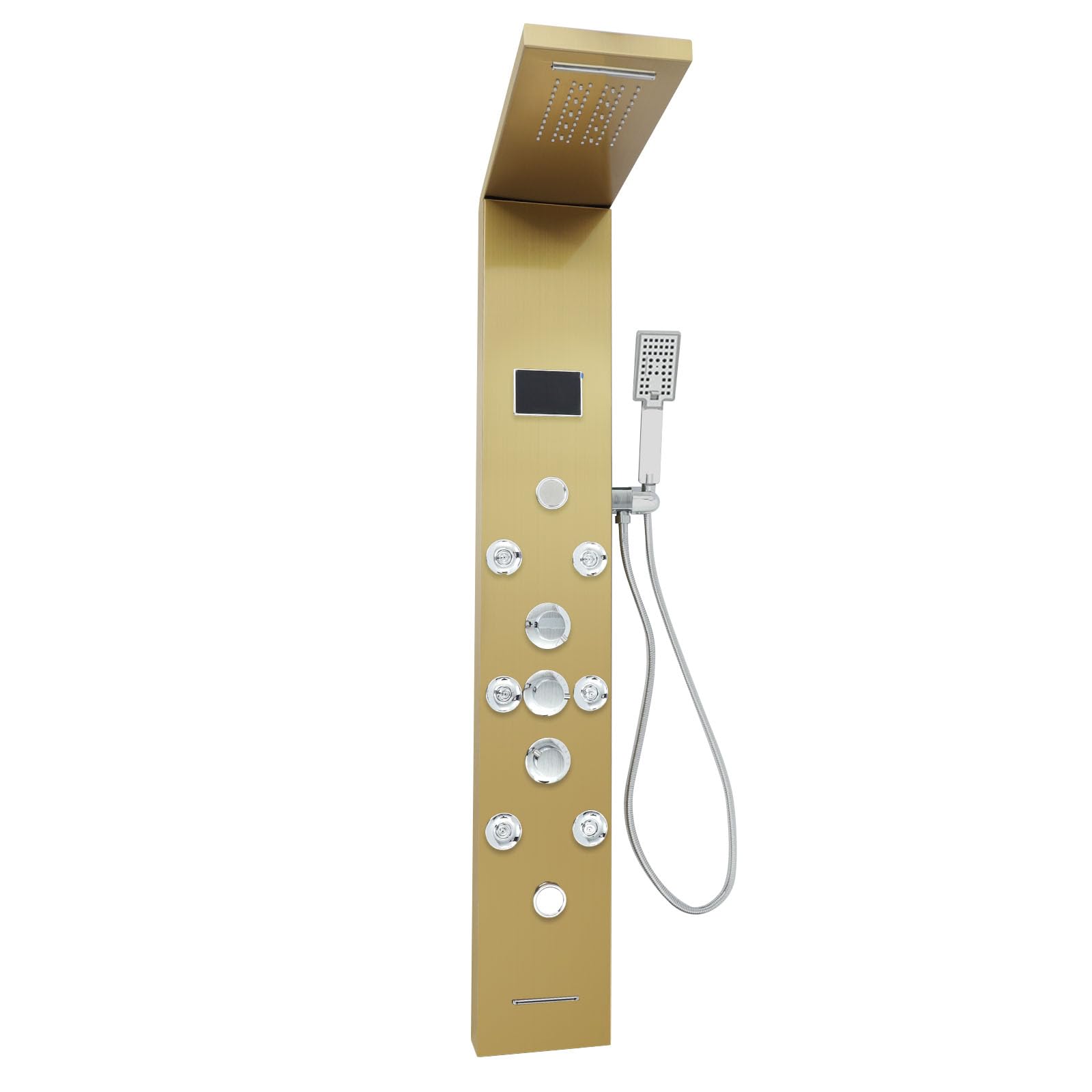 Pannello doccia per bagno, colonna doccia, 6 in 1, pannello doccia a LED, in acciaio inox 304, a cascata e a pioggia, ugelli massaggianti, indicatore di temperatura, montaggio a parete, oro