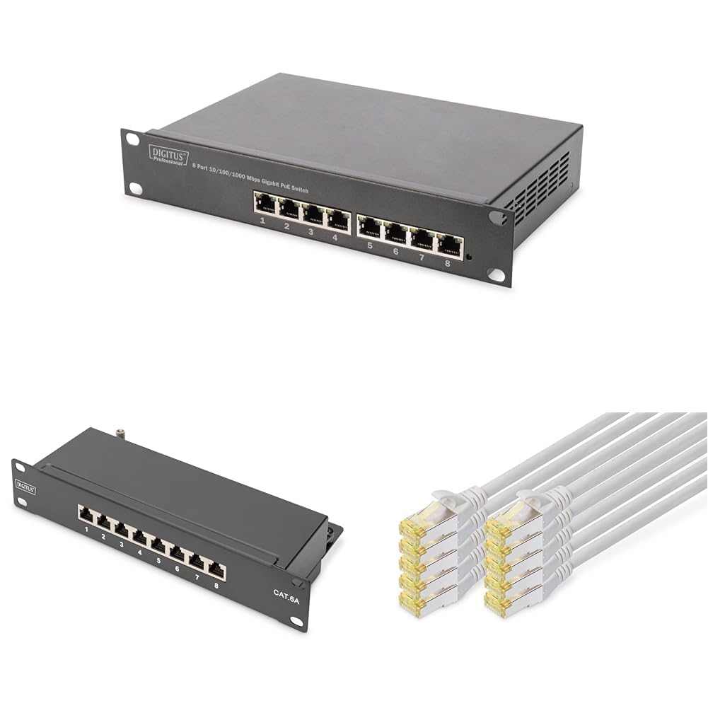 DIGITUS Set: Kit réseau 10 Pouces - 1x Switch PoE, 8 Ports, Non administrable, Switch réseau - 1x Panneau de Brassage Cat-6A , 8 Ports, LSA - 10x câbles réseau Cat-6A, câble Patch Gris, 0,25 m