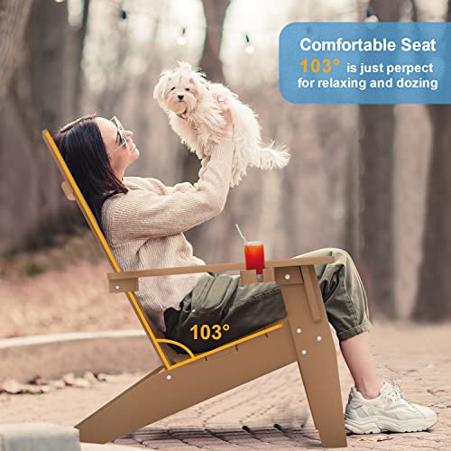 Mximu Modern Adirondack Chair Weather Resistant With Cup Holder Oversized Fire Pit Chairs Adorondic Plastic Outdoor Chairs For Firepit Area Seating (Teak) #TOP1