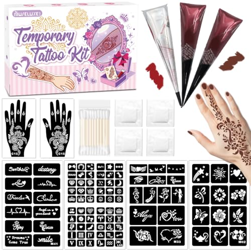 Temporary Tattoo Kit for Teens & Adults 3 Tattoo Pastes (2 Brown+Cherry Red) 100pcs Reusable Stencils Outline Pen Long Lasting Waterproof Body Art DIY Skin Painting for Festivals Parties Makeup