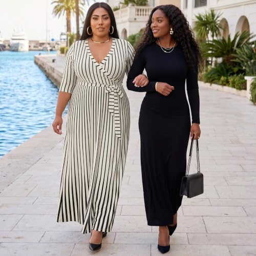 Image of Runwind Plus Size Dresses for Women Floral Maxi Dress Flowy 3 /4 Sleeve with Belt