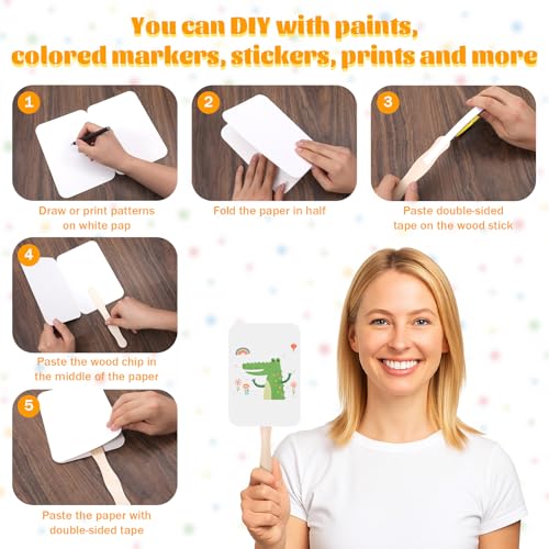 50 Sets DIY Church Fans Kit, Handmade Craft Paper Fans Making Supplies Include Wooden Handles, Blank Cardstock & Adhesive Tape, for Wedding, Graduation, Church Events, Party (White, 11 x 8.3 Inches) by Zyghjort - Image 2