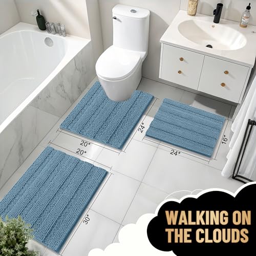 Image of OLANLY Thick Bathroom Runner Rugs 47x20, Extra Absorbent Chenille Striped Bath Rugs, Rubber Backing, Machine Wash Dry, Long Bath Mats for Bathroom, Tub and Shower, Home Decor Accessories, Airy Blue