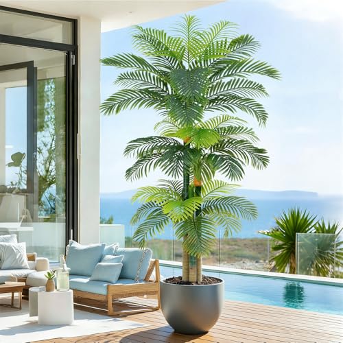 Image of 8.5ft Artificial Golden Cane Palm Tree - Large Triple Fake Palm Tree in Pot for Indoor /Outdoor, Patio, Pool, Big House, Office, Backyard, Home Decor - Green, Extra Tall
