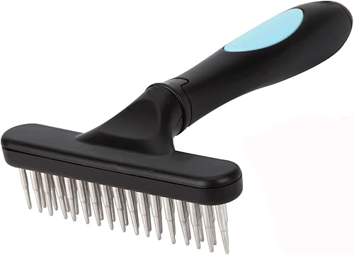 Cepillo de eliminación de pelo para perros, gatos, conejos, acicalamiento, acero inoxidable en doble fila de dientes, reduce el desprendimiento,