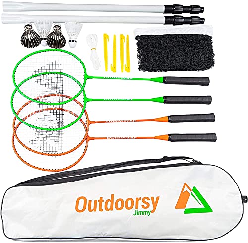OutdoorsyJimmy Complete Badminton Set for Backyards - Premium Set Includes Badminton Rackets Set of 4, Portable Badminton Net with Expandable Poles, 4 Birdies/Shuttlecocks & Storage Travel Bag OutdoorsyJimmy Complete Badminton Set for Backyards - Premium Set Includes Badminton Rackets Set of 4, Portable Badminton Net with Expandable Poles, 4 Birdies/Shuttlecocks & Storage Travel Bag