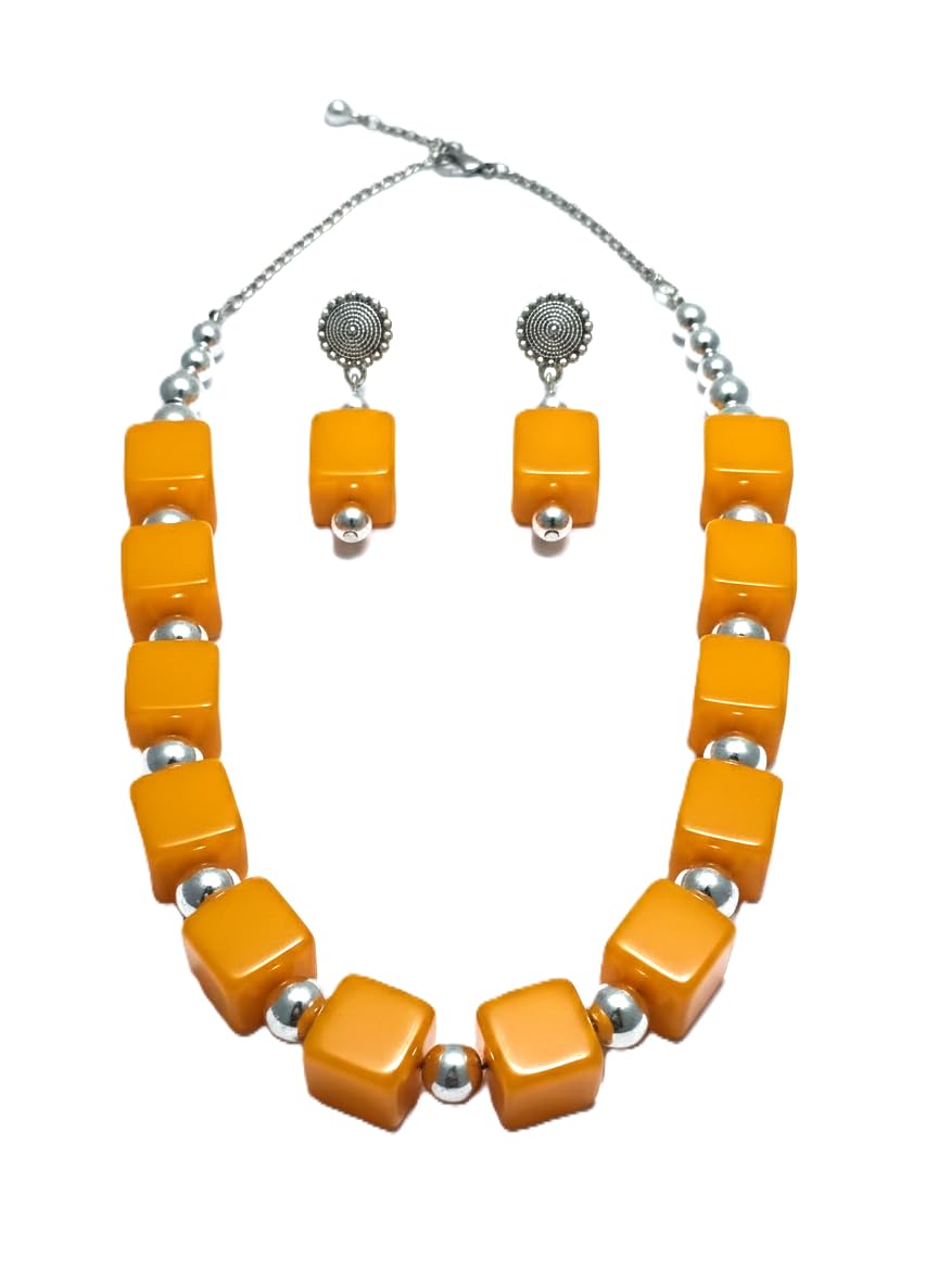ORANGE Beads Cube Statement Necklace with Earrings-image-15