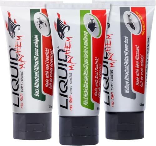 Liquid Mayhem Sport Fish Variety Pack – 2oz Tube 3-Pack Multi-Scent Gel Attractants – UV-Enhanced, Real Bait, Amino Acids – for All Lure Types