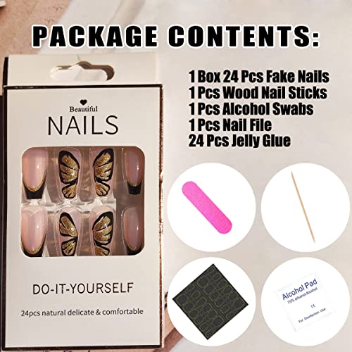Ktaabtr Butterfly Press On Nails Medium French Tip Acrylic Nails Glue On Nails Gold Butterfly Coffin Nails Black French Tip Fake Nails Butterflies False Nails For Women Girls 24Pcs #TOP1
