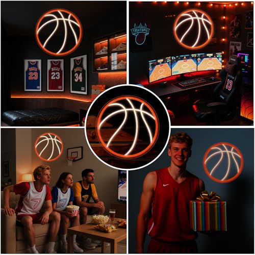 Image of Basketball Neon Sign 13x13 Inch Powered by USB with Dimmer Switch Basketball Shop Led Neon Light Teen Kids Gift Fans Sport Room Bedroom Man Cave Decor for Boys Players Gifts