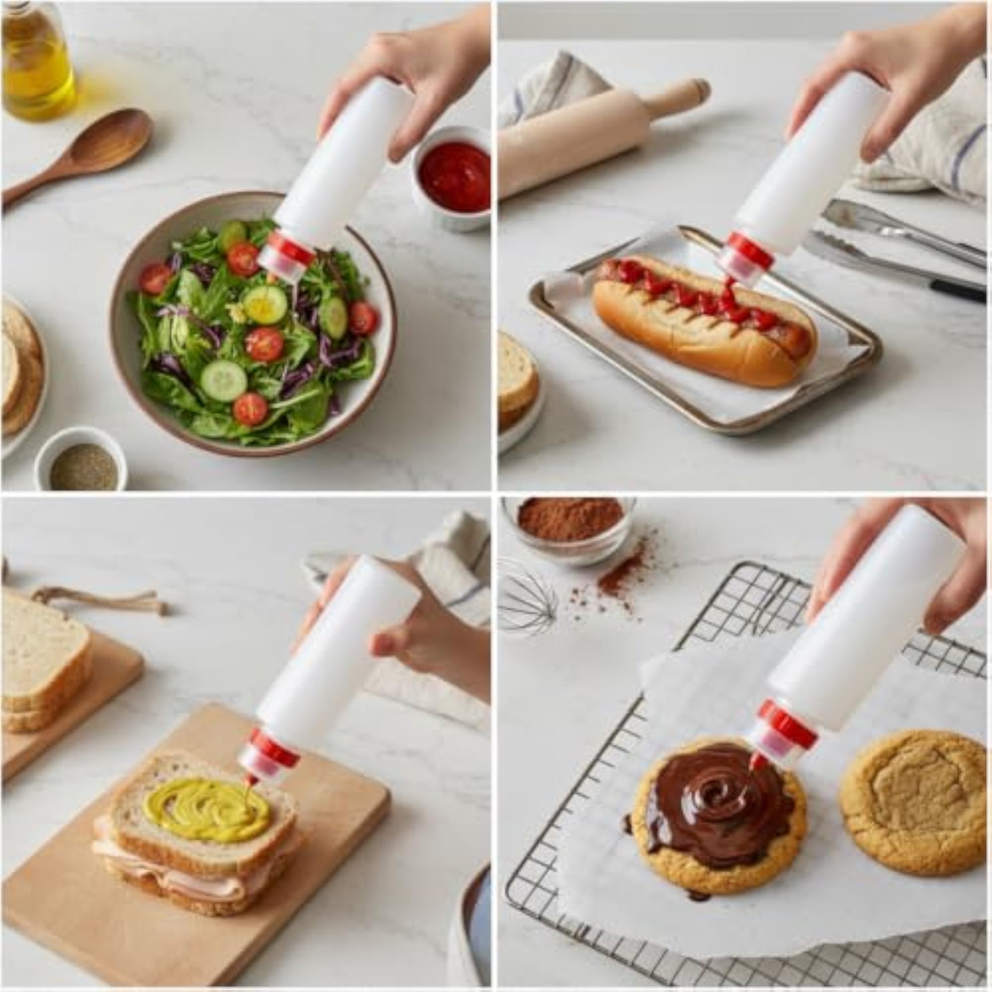 PE Three-Hole Squeeze Bottle for Sauces, Dressings, Red 380ml