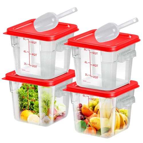 FeyBuosk 4 pcs 6qt Food Storage Containers with Lid, Square Clear Commercial Food Storage Containers...