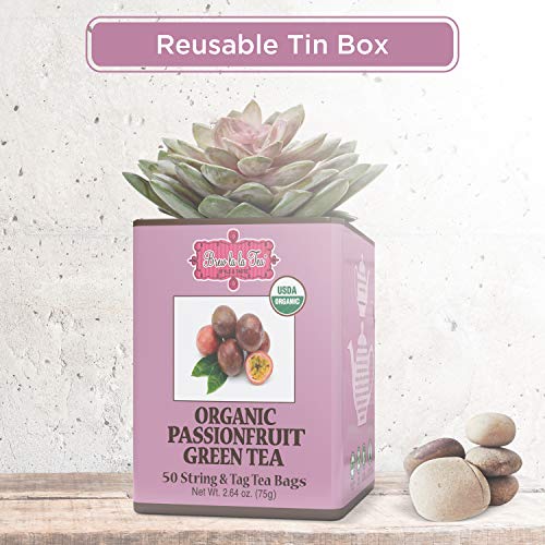 Image of Brew La La Organic Green Tea - Passionfruit Flavor - 50 Tea Bag Tin - Low Caffeine - USDA Certified Organic