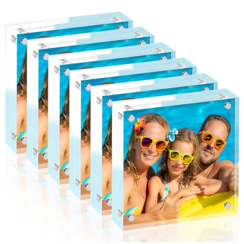 Fisnish 4x4 Acrylic Picture Frame Set of 6 20mm Thick Double-Sided Transparent Magnetic Frameless Photo Frame Desktop Freestanding Display for Office or Home Decor