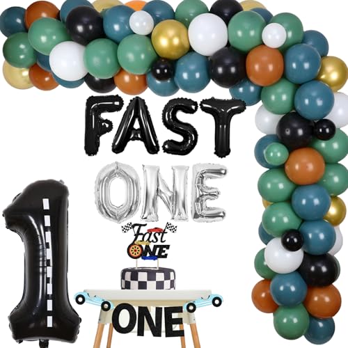 Cheereveal Fast One Birthday Decorations for Boys, Racing Car Themed 1st Birthday Party Supplies, Blue and Green Balloon Garland Kit Fast One High Chair Banner Cake Topper