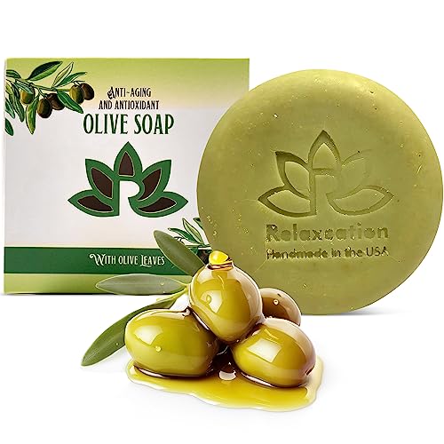 Relaxcation Natural Olive Oil Soap Bar with Organic Pure Greek Olive Oil and Leaves - Anti-Aging and Antioxidant Moisturizing Cold Processed Soap - Handmade in USA