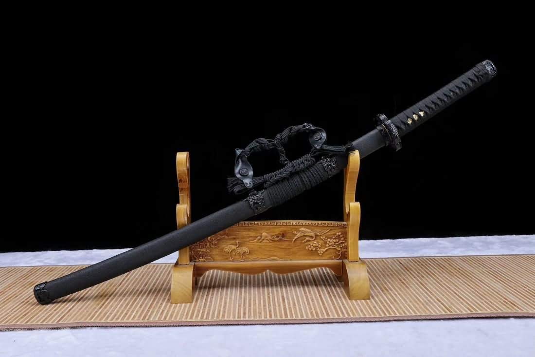 Tachi Samurai Sword,Katana,Hand Forged,Heat Tempered,High Carbon Steel Black Blade,Alloy Fittings,Full Tang