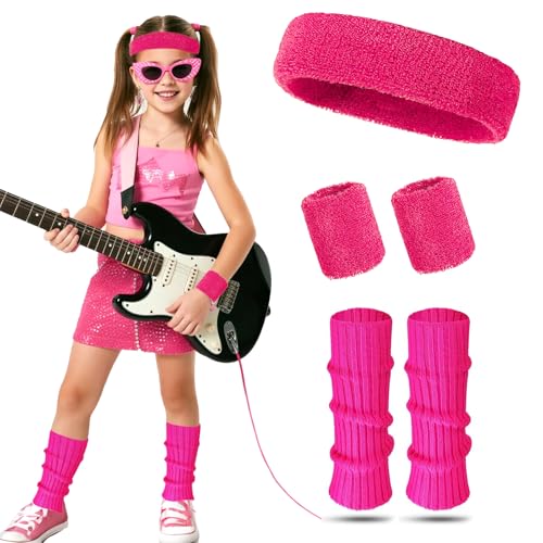 EQLEF 4 Pcs 80s Fancy Dress for Kids Neon Knit Leg Warmers Kids and Fitness Children Wristbands and Neon Headbands for Theme Party Dance Party Carnival (Pink One Size)