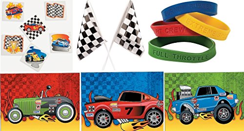 120 Pc Kid's Race Car Party Favor Bundle Pack (72 Tattoos, 12 Bracelets, 12 Sticker Sheets, 24 Checkered Racing Flags)