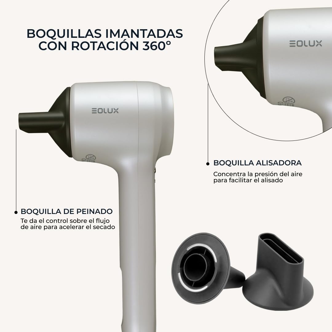 EOLUX | Secador de Pelo Profesional Iónico EX02 | Ergonómico, Sostenible y Silencioso | Protege el Cabello | Control de Temperatura | Motor Compacto | Boquillas Magnéticas | Pearl | 1500W