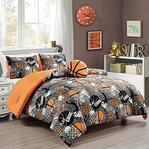 Chezmoi Collection 4-Piece Kids Bedding Comforter Set - Soft Microfiber Gray Orange Multi-Color Basketball Slam Dunk Sports, Full/Queen Cover