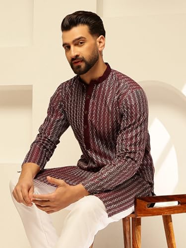 Image of SOJANYA (Since 1958 Men's Silk Blend Contrast White Thread Detailing Kurta With White Pyjama