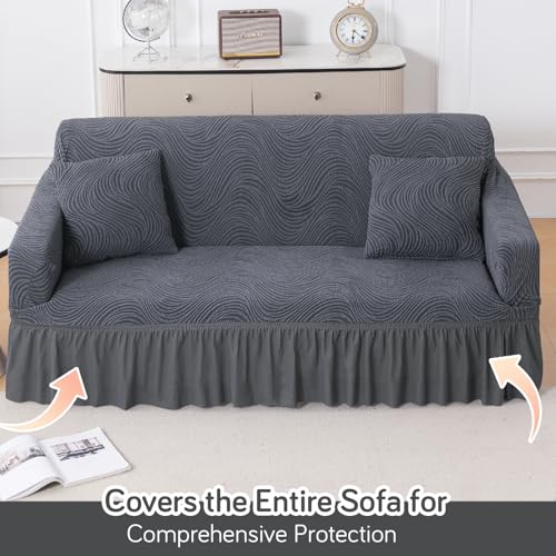 Image of HOKIPO 240 GSM Premium Jacquard Sofa Cover 3 Seater Fully Covered, 'Serene Wave Series' Pewter Grey (AR-6354-GRY)