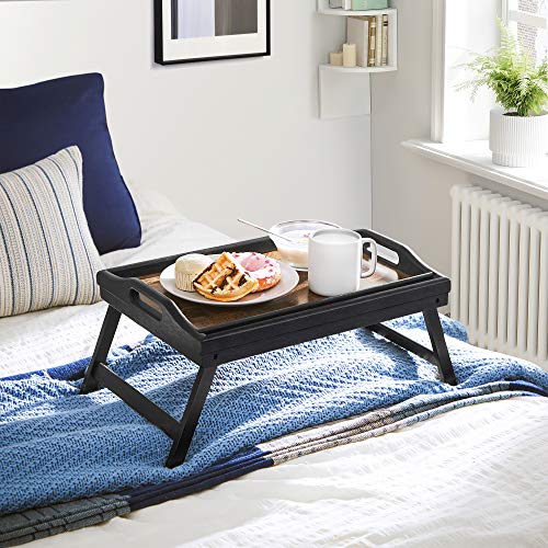 Image of SONGMICS Bed Tray Table with Bamboo Folding Legs, Sofa Breakfast Tray, Serving Tray with Groove for Phone Tablet, Rustic Dark Brown ULLD111B01