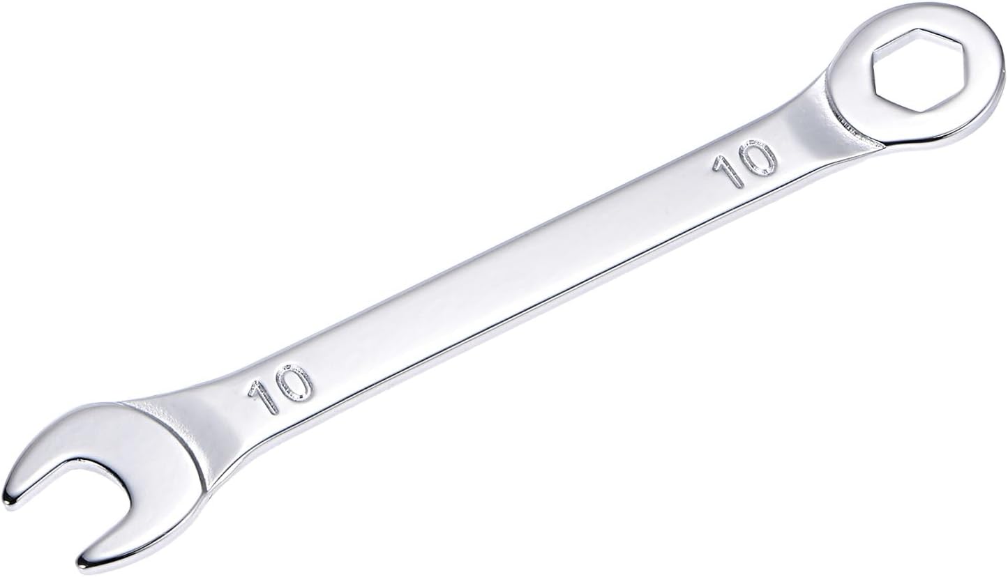 Thin Combination Wrench with Offset 6-Point End and Angled Open End, Metric Mirror-Chrome Plated High Carbon Steel, for Household Repairs, 10mm