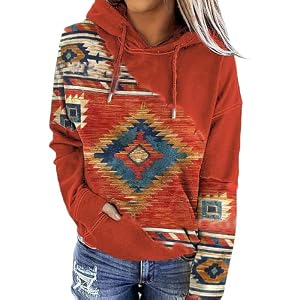 Women’s Western Ethnic Style Print Aztec Hoodie Pullover Cowgirl Rhombus Printed Hooded Sweatshirt