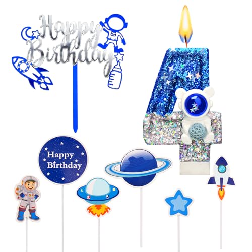 Bougies d'anniversaire Astronaute pour 4 Ans,Bougie Numéro Anniversaire Enfants,Decoration Gâteau Anniversaire Garcon,Espace Thème Décorations de Gâteaux...